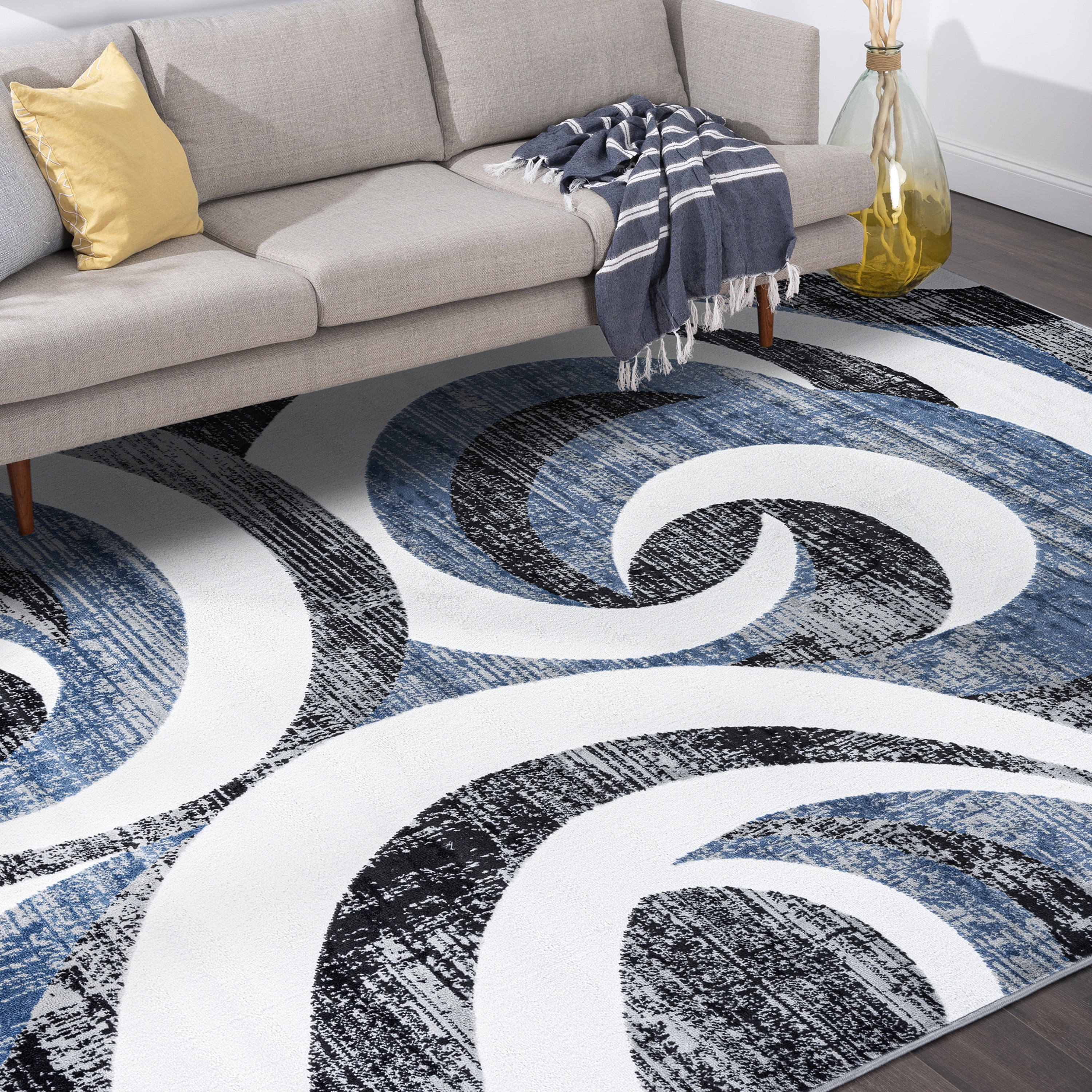Contemporary 9x12 Area Rug (8'10'' x 12'2'') Abstract Blue, Charcoal Living Room Easy to Clean