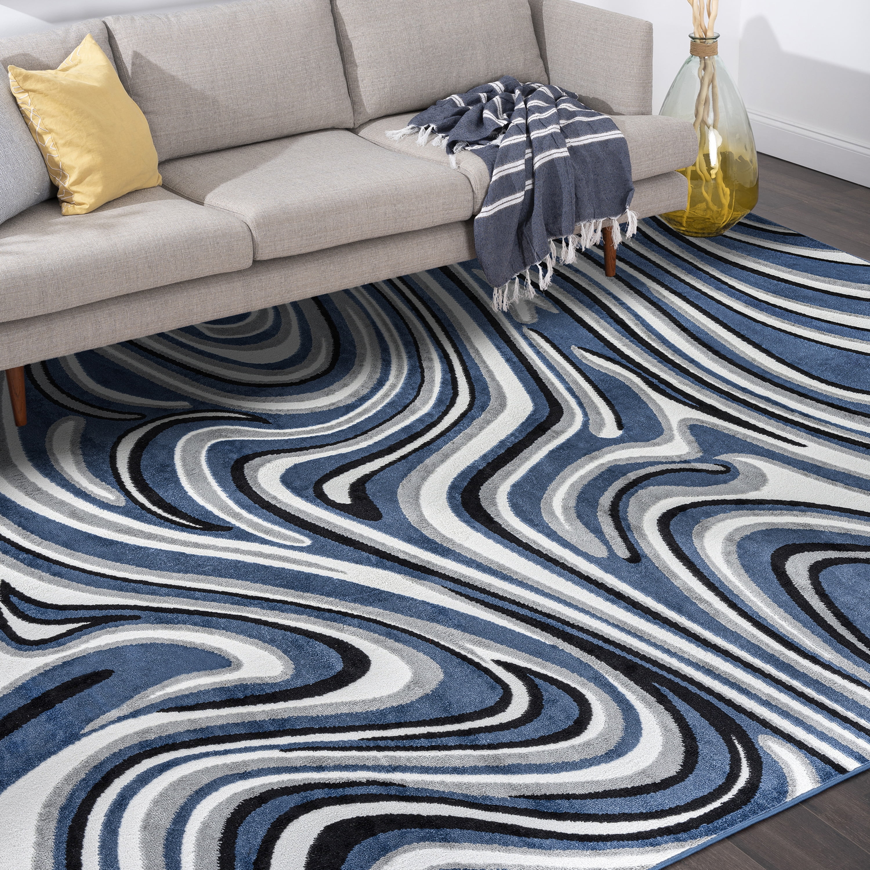 Contemporary 9x12 Area Rug (8'10'' x 12'2'') Abstract Blue, Charcoal Living Room Easy to Clean