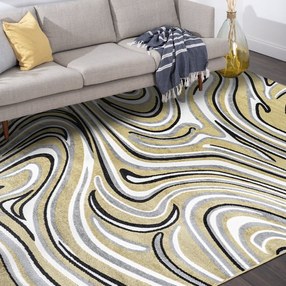 Contemporary 9x12 Area Rug (8'10'' x 12'2'') Abstract Yellow, Charcoal Living Room Easy to Clean