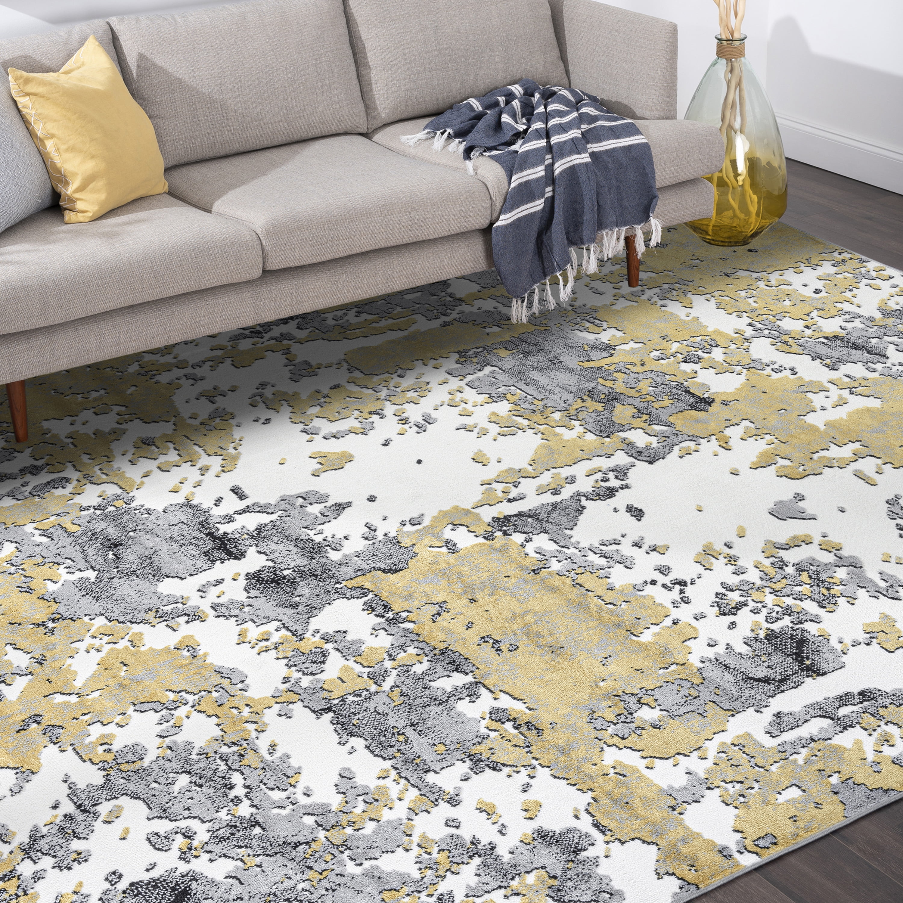 Contemporary 9x12 Area Rug (8'10'' x 12'2'') Abstract Yellow, Gray Living Room Easy to Clean