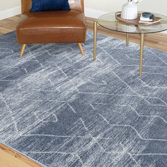 Contemporary 9x12 Area Rug (8'10'' x 12'2'') Geometric Blue, Gray Living Room Easy to Clean