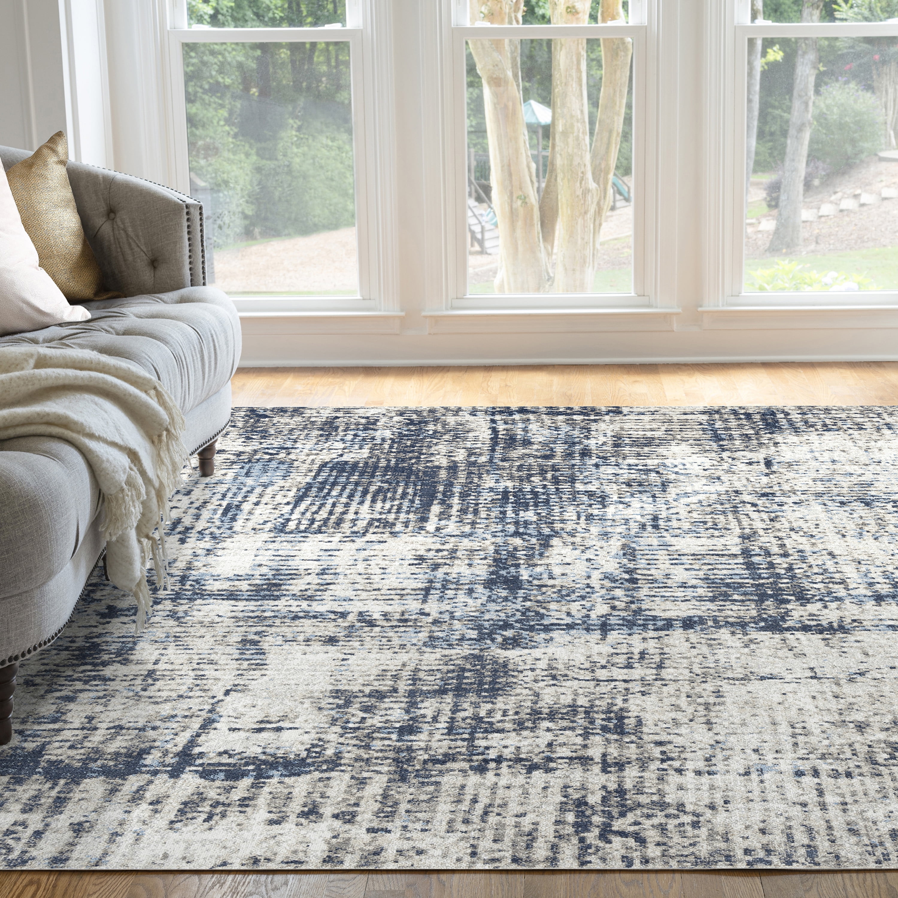 Contemporary 9x12 Area Rug (8'9'' x 11'3'') Abstract Navy, Navy Living Room Easy to Clean