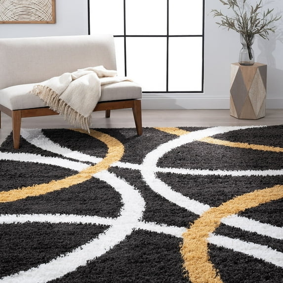 Contemporary 9x12 Area Rug Shag Thick (8'10'' x 12'2'') Abstract Dark Gray, Gold Living Room Easy to Clean