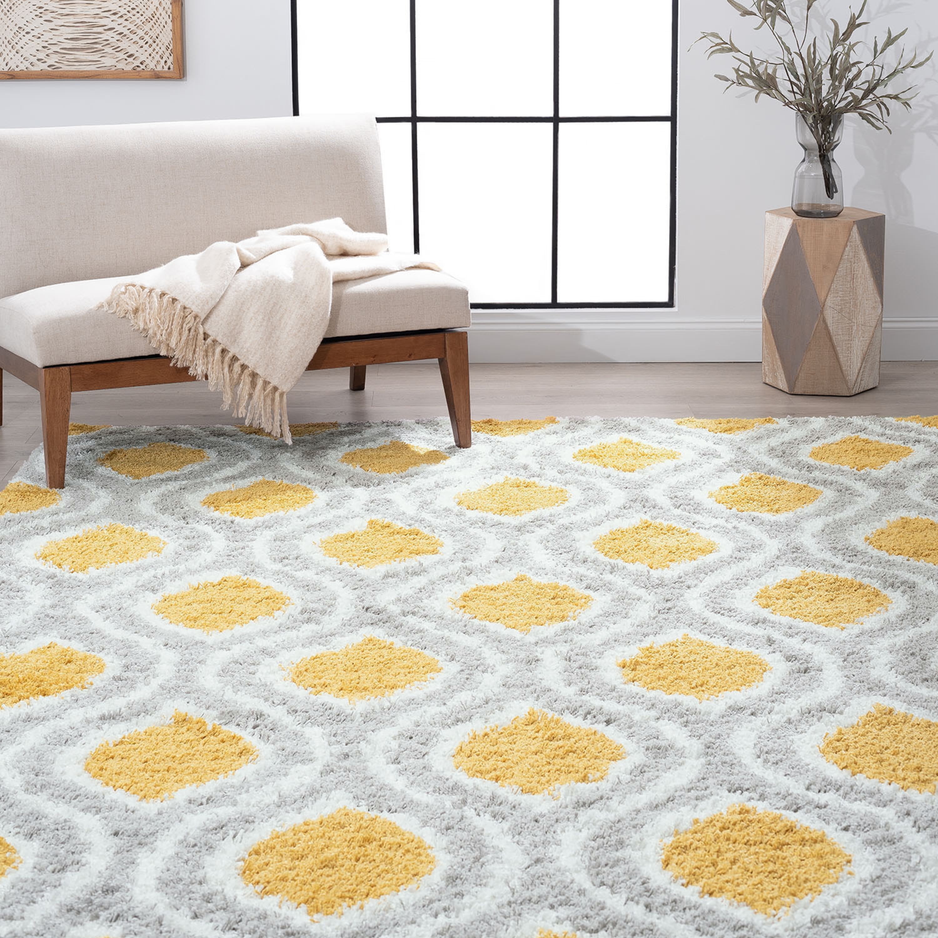 Contemporary 9x12 Area Rug Shag Thick (8'10'' x 12'2'') Geometric Gold, Silver Living Room Easy to Clean