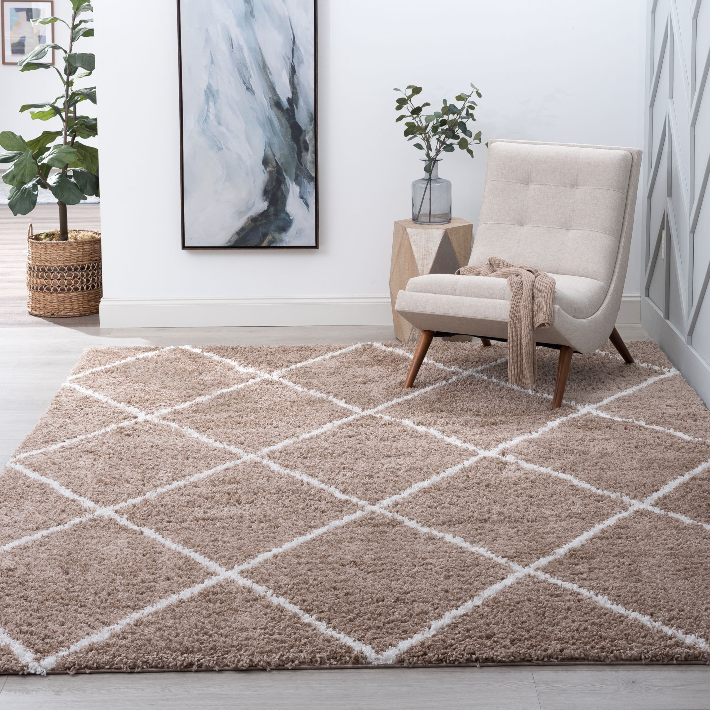 Contemporary 9x12 Area Rug Shag Thick (8'9'' x 12'2'') Diamond Tan, White Living Room Easy to Clean