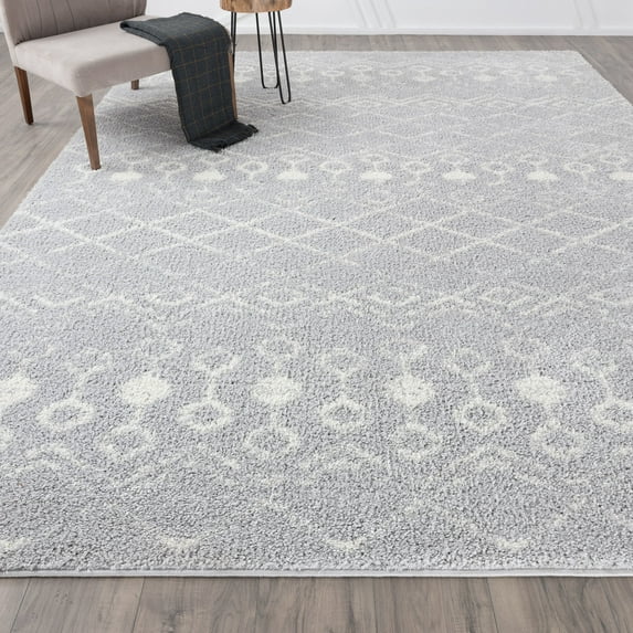 Contemporary 9x12 Area Rug Shag Thick (8'9'' x 12'2'') Geometric Light Gray, White Living Room Easy to Clean