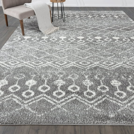 Contemporary 9x12 Area Rug Shag Thick (8'9'' x 12'2'') Geometric Medium Gray, White Living Room Easy to Clean