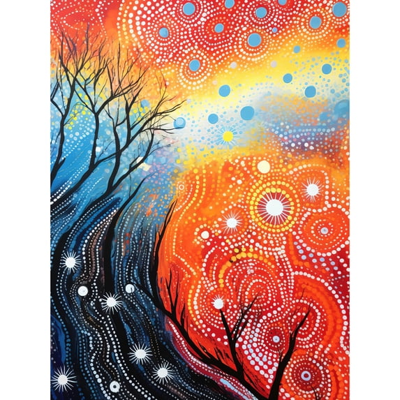 Contemporary Aboriginal Artwork in Blue and Orange Vibrant Abstract Forest Trees and Stars Unframed Wall Art Print Poster Home Decor Premium