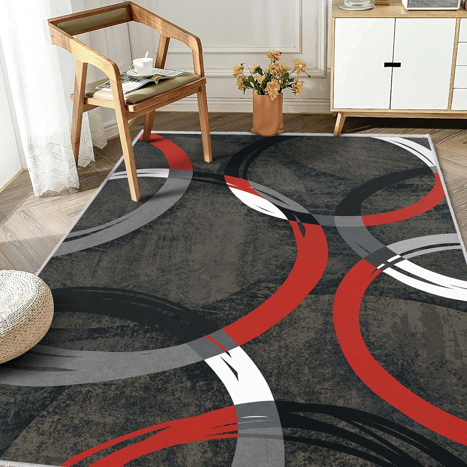 Contemporary Abstract Circles Area Rugs Modern 5x7 Rug, NonSlip Machine Washable Floor Carpet