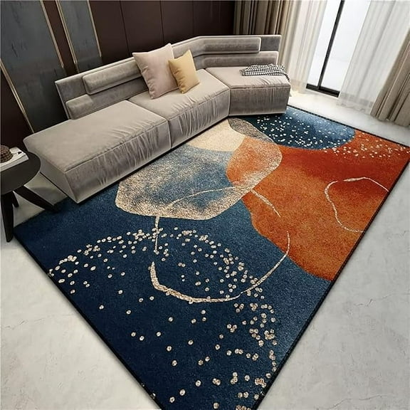 Contemporary Abstract Marble Rugs For Living Dinning Room Modern Geometric Area Rug Multicolor Navy Blue/Orange Carpet Floor Mat 5' x 7'