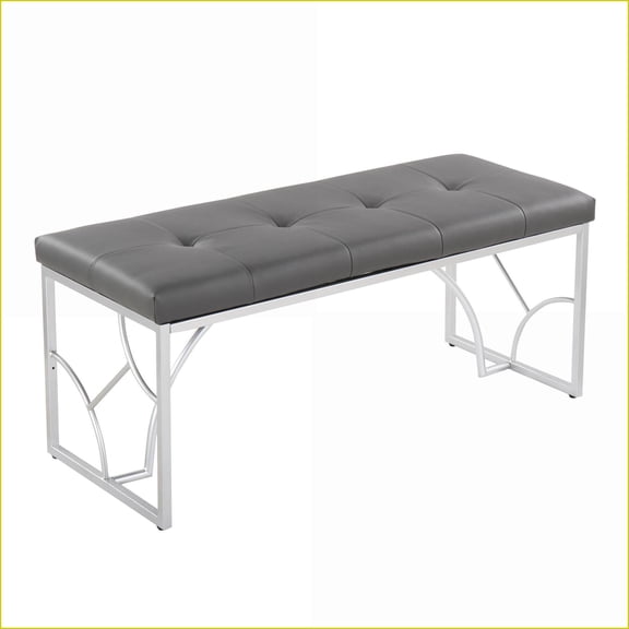Contemporary Accent Bench, Brushed Silver Metal Light Gray Faux Leather for Entryway/Bedroom/Dining | Light Gray | Faux Leather