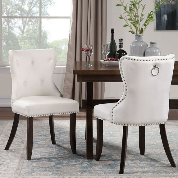 Contemporary Accent Chair, Fabric Tufted Upholstered Dining Chairs Set of 2, Dining Room Chairs with Nailhead Trim&Solid Wood Legs, Classic Leisure Chair for Livingroom, Bedroom, Gream, W15165