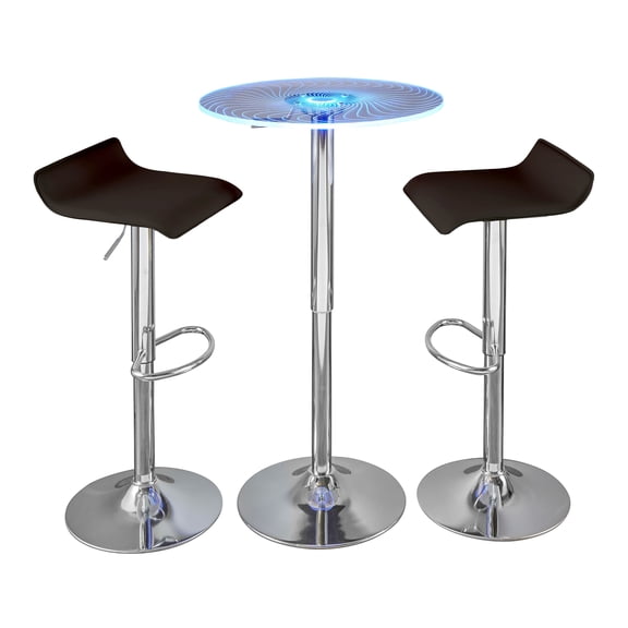 Contemporary Adjustable Bar Set in Chrome Metal, Clear Acrylic with Light Up Tabletop, and Brown PVC - 3 Piece