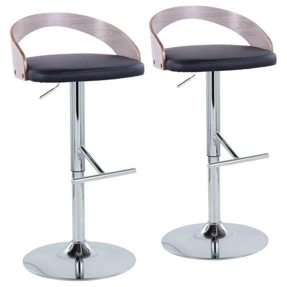 Contemporary Adjustable Height Barstool with Swivel in Chrome Metal, Light Grey Wood and Black Faux Leather with Straight T Footrest - Set of 2