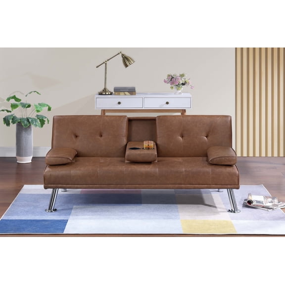 Contemporary Adjustable Sofa Fold Down Table w Cup Holder Brown Faux Leather Metal Legs Tufted Seat Back 1pc Sofa Living Room Furniture