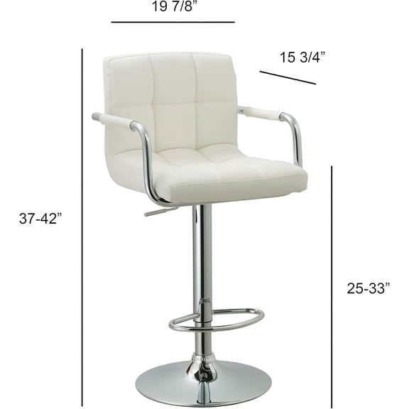 Contemporary White Bar Stool - Adjustable Swivel, Leatherette Seat, Chrome Arms, 24"-33" Height, Kitchen/Home. Modern Design, Comfortable, Durable.