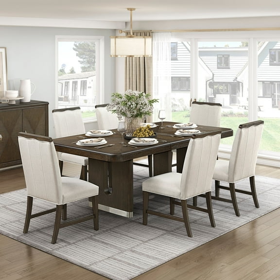 Contemporary Aesthetic Dining Set 7pc Extendable Table with Chairs Upholstered Beige Brown Furniture