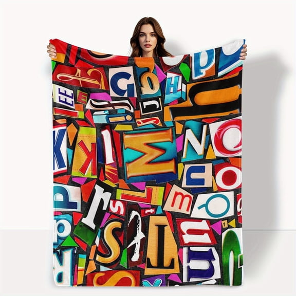 Contemporary Alphabet & Geometric Pattern Throw Blanket - Blue with Yellow & White Accents, Super Soft 280gsm, Anti-Pilling & Machine Washable, Multi-Size (30x40 to 60x80 Inch) for Sofa, Bed, Chair -