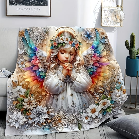 Contemporary Angel Girl Soft Flannel Blanket with Colorful Wing Patterns Lightweight Warm All-Season Throw for Sofa Bed Travel Machine Washable Digital Print Gift for Family & Friends