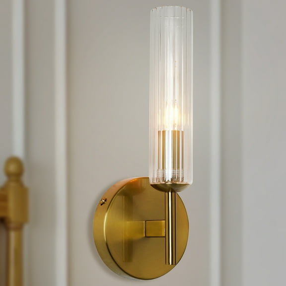 Contemporary Antique Brass Single Vanity Light with Tube Glass Shade, Metal Wall Light, Unique Elegant Wall-Mounted Sconce, Indoor Sonce beside Mirror, for Bathroom, Living Room, Entryway, Hallway
