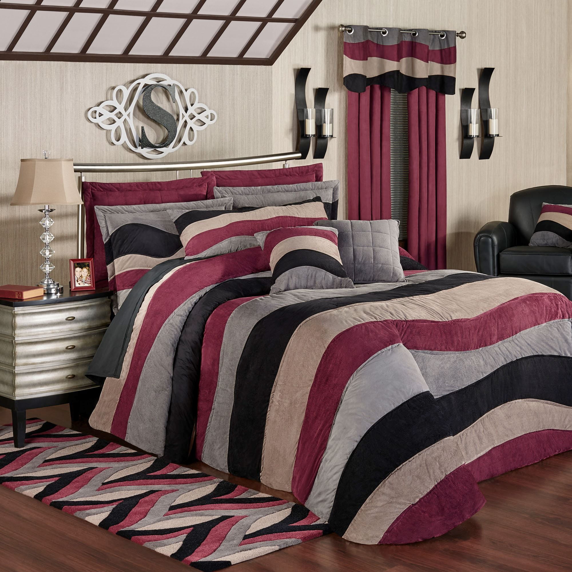 Contemporary Apex Faux Suede Charcoal, Onyx, Claret Oversized Bedspread Grande Queen