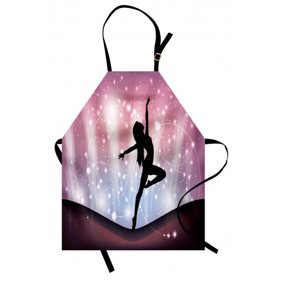 Contemporary Apron Silhouette of Ballerina Performing on Abstract Backdrop Magic Dance Fine Arts, Unisex Kitchen Bib Apron with Adjustable Neck for Cooking Baking Gardening, Multicolor, by Ambesonne