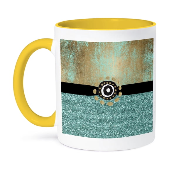 3dRose, Contemporary Aqua and Gold Brush Stroke, Glitter, Aztec Design, 11oz Two-Tone Yellow Mug