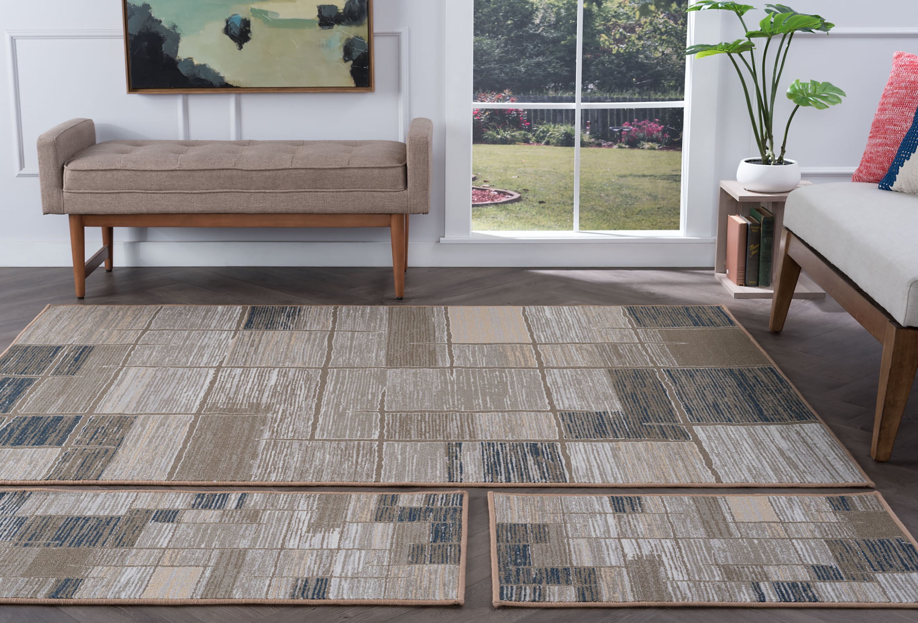 Contemporary Area Rug (3-Piece Rug Set: (5' x 7', 20'' x 60'', 20'' x 32'')) Abstract Taupe, Beige Indoor Set Easy to Clean