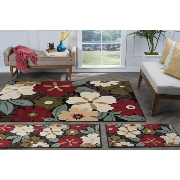 Contemporary Area Rug (3-Piece Rug Set: (5' x 7', 20'' x 60'', 20'' x 32'')) Floral Multi-Color Indoor Set Easy to Clean