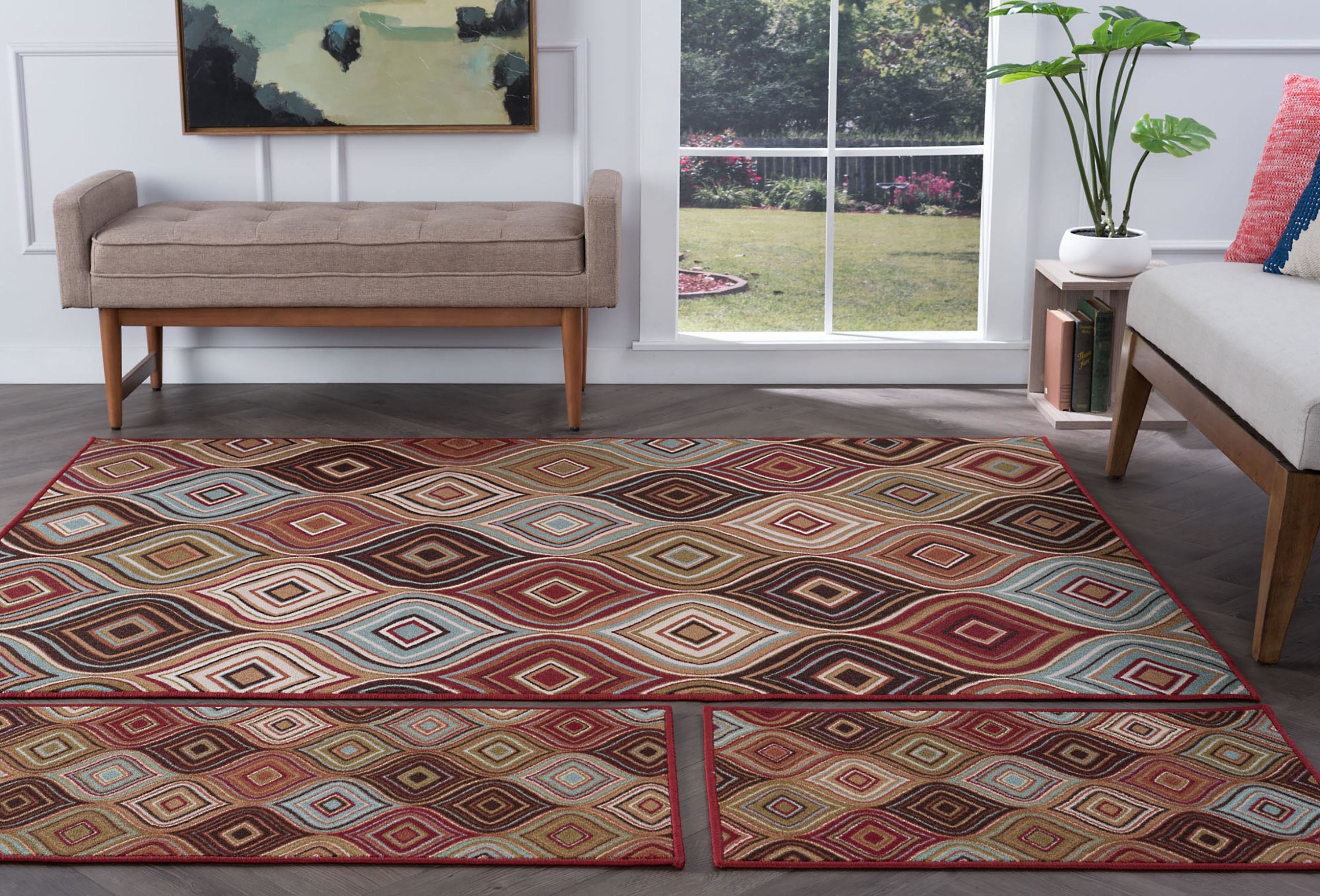 Contemporary Area Rug (3-Piece Rug Set: (5' x 7', 20'' x 60'', 20'' x 32'')) Geometric Multi-Color Indoor Set Easy to Clean