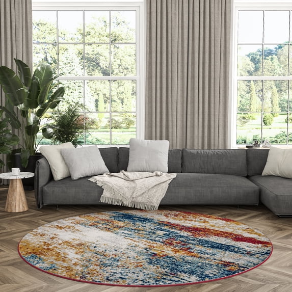 Contemporary Area Rug (5'3'' Round) Abstract Multi-Color Indoor Round Easy to Clean