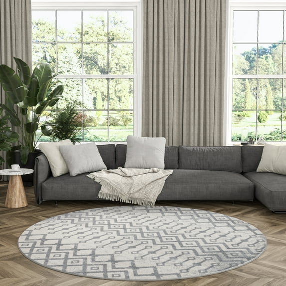 Contemporary Area Rug (7'10'' Round) Geometric Beige, Gray Indoor Round Easy to Clean
