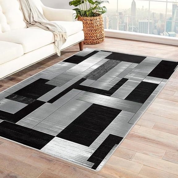 Contemporary Area Rug, Abstract Rugs for Bedroom Living Room, Black Silver Carpet Home Decor, Washable Non-Slip Low Pile Soft Large Rug, Indoor Floor Rug 3 x 5ft