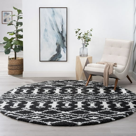 Contemporary Area Rug Shag Thick (5'3'' Round) Geometric Dark Gray, White Indoor Round Easy to Clean