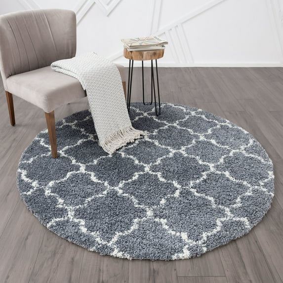 Contemporary Area Rug Shag Thick (5'3'' Round) Trellis Dark Gray Indoor Round Easy to Clean