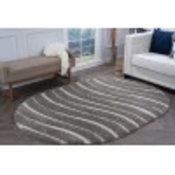 Contemporary Area Rug Shag Thick (6'7'' x 9'6'' Oval) Stripe Gray, Cream Living Room Easy to Clean