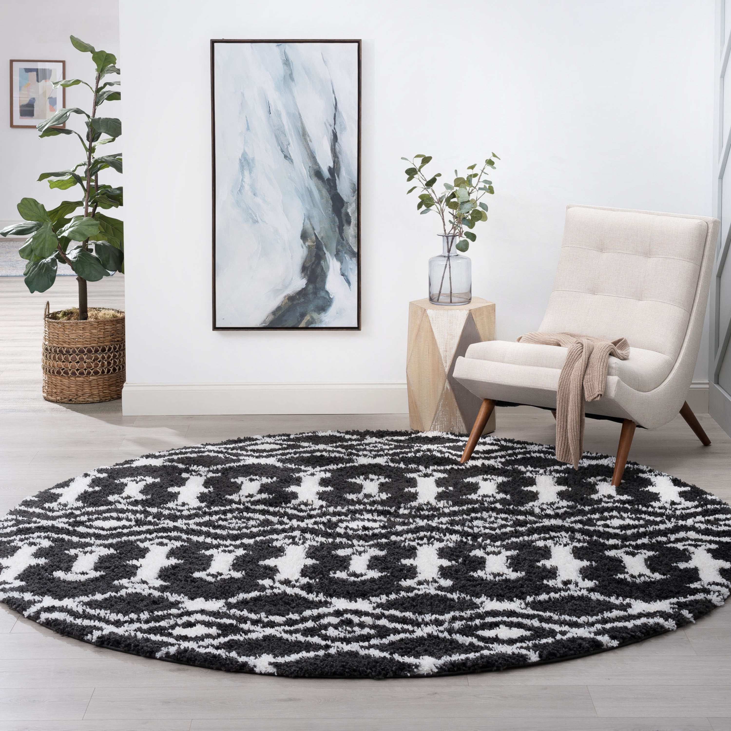 Jersey Shag Contemporary Geometric Dark Gray and White Polypropylene Indoor Area Rug, 8'x8' Round