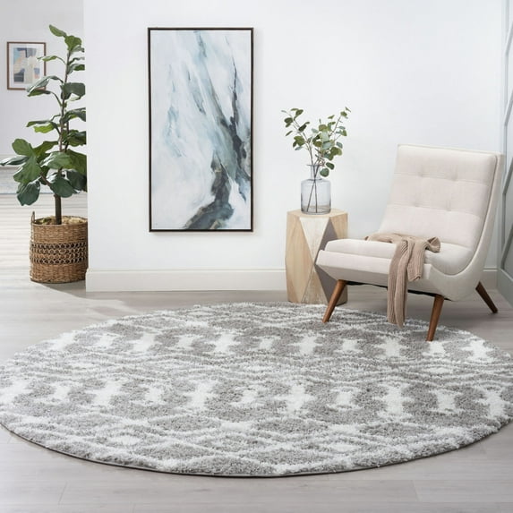 Bliss Rugs Shag Contemporary Geometric Round Rug for Living Room, Dining Room | Silver, 7'10''Round