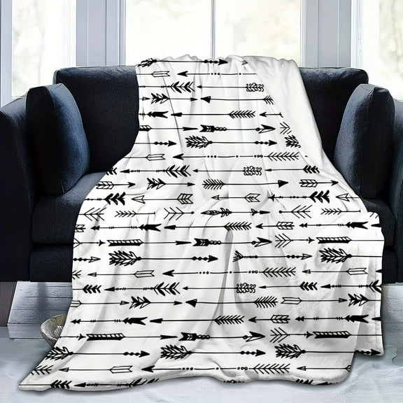 Contemporary Arrow Design Flannel Throw Blanket - Soft Hypoallergenic All-Season Bedding, Black & White Arrows on White, Multi-Use for Bed Sofa
