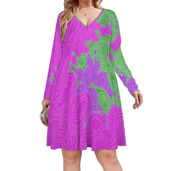 Contemporary Art Abstract with Geometric Long Sleeve Dresses For Women Vintage Elegant Party Dress Oversized V-neck Dress S-8XL