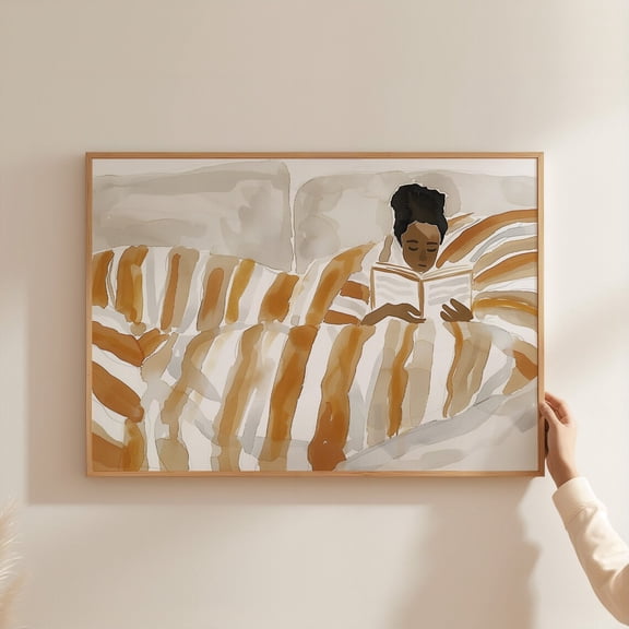 Contemporary Art Cozy Wall Art Figurative Print Brown Woman Reading In Bed Striped Art For Warm - Unique Line Drawing Wall Art, Modern Wall Decor, 24x36 UNFRAMED