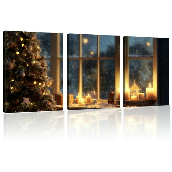 Contemporary Art Deco Christmas Night Window Candle Scene Canvas Wall Art, Wooden Frame, Indoor/Outdoor Landscape Theme, Wrapped Canvas for Living Room, Bedroom 12*16inch*3pcs