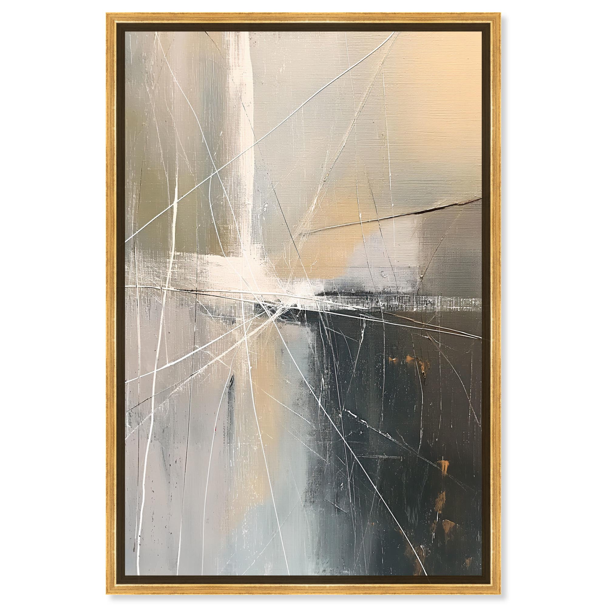 Large Beige and Gray Abstract Canvas Art with Gold Frame