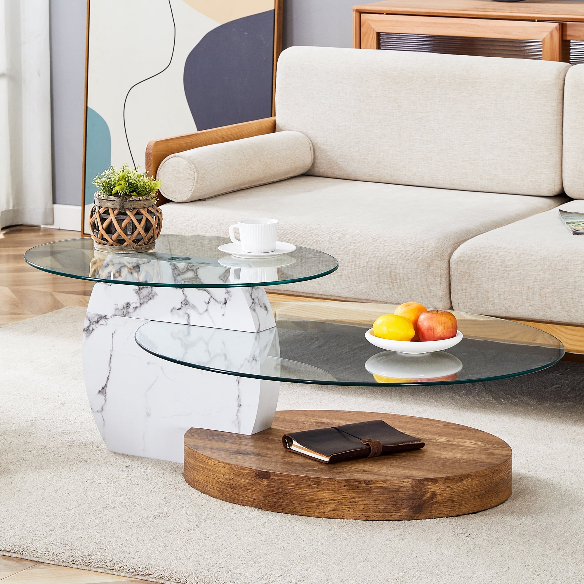 Contemporary Artistic Double Layer Coffee Table - White Marble and Wood ...