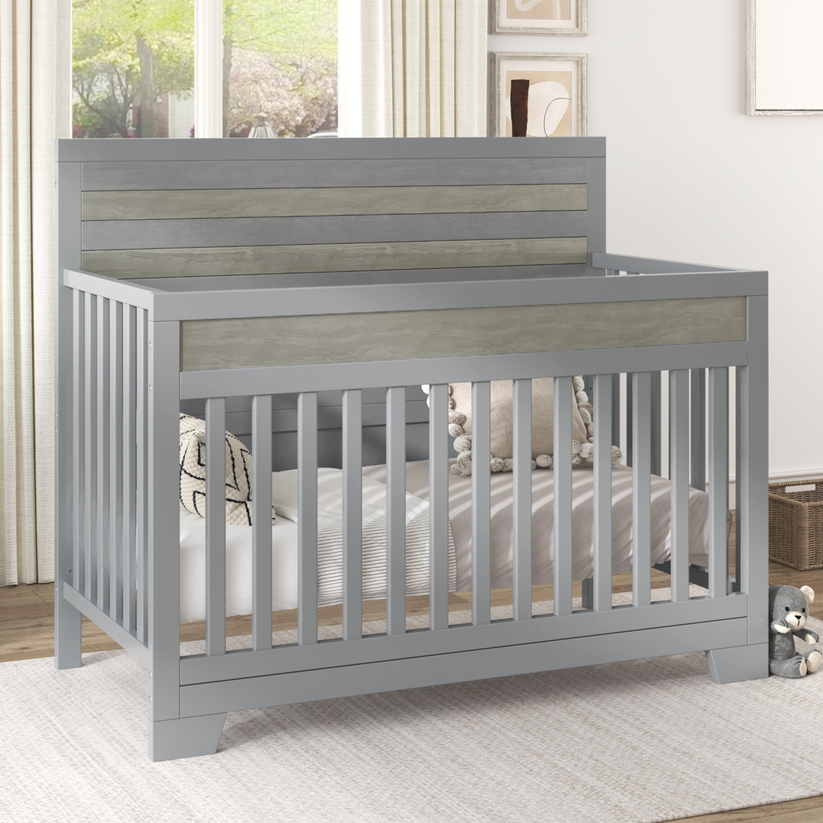 Contemporary Baby Safe Crib in Gray Solid Pine Wood & MDF, Gender