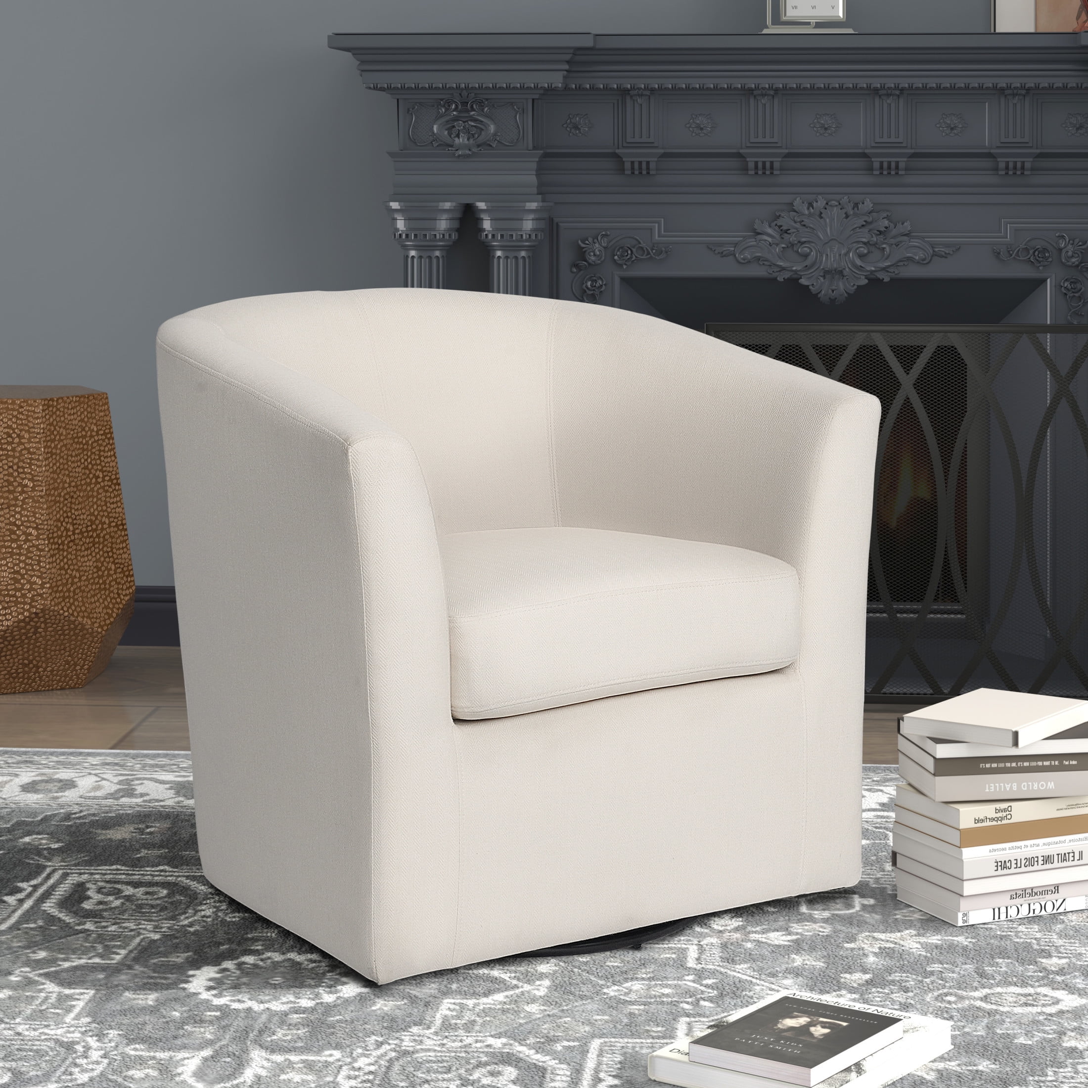 Modern White Upholstered Barrel Swivel Accent Chair