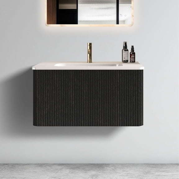 Contemporary Bathroom Vanity: 30" With Black Oak, White Ceramic Basin, Convenient Storage Solution Vanity - Modern Look Curved Corners