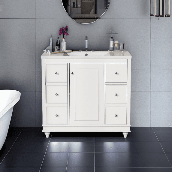 Contemporary Bathroom Vanity with Sink- 36x18x34 inches, 4 Drawers & 1 Cabinet Door, Multipurpose Storage, Resin Integrated Sink, Adjustable Shelves, Solid Wood Frame with MDF