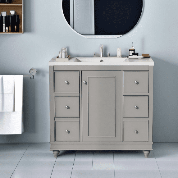 Contemporary Bathroom Vanity with Sink- 36x18x34 inches, 4 Drawers & 1 Cabinet Door, Multipurpose Storage, Resin Integrated Sink, Adjustable Shelves, Solid Wood Frame with MDF