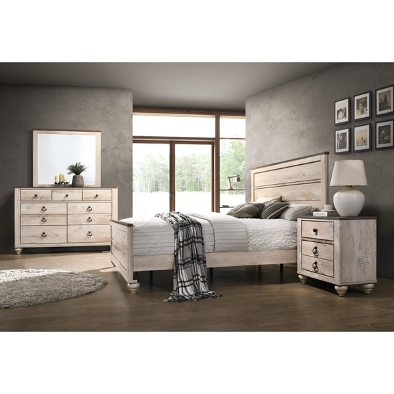 Contemporary Bedroom - 4 Piece. King Bed. White Wash. Rustic Chic. Dresser, Mirror, Nightstand. Paneled Headboard. Antique Bronze Metal Handles Urban Chic Bed, Spacious Beautiful Handy Nightstand